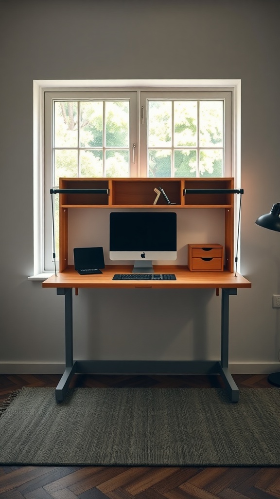 19 Creative Desk In Front Of Window Ideas For Natural Light 11 A modern desk setup with a computer, storage, and a window providing natural light.