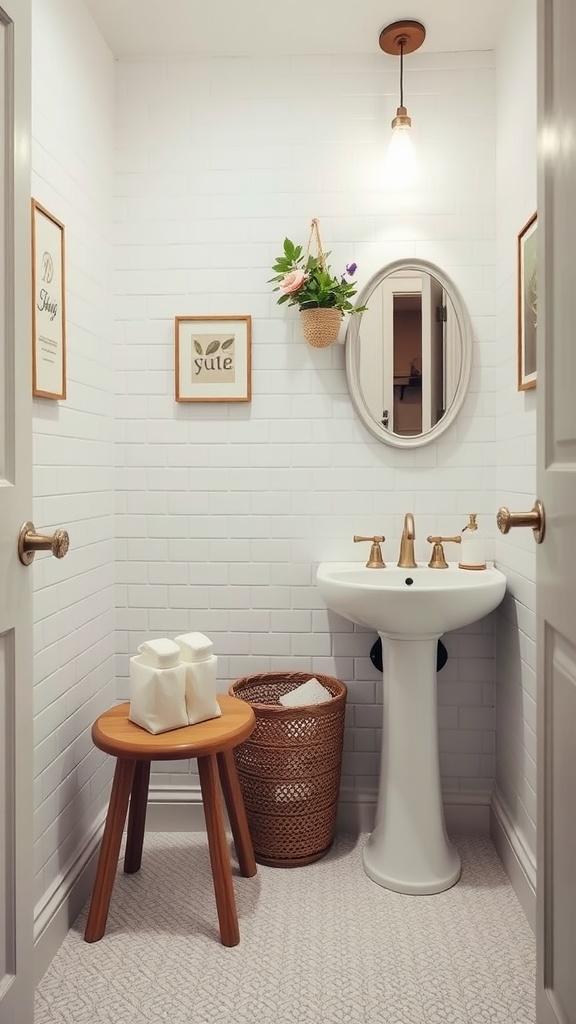21 Small Space Bathroom Design Ideas 11 A small bathroom featuring a sink, a round mirror, a wooden stool, and a woven basket.