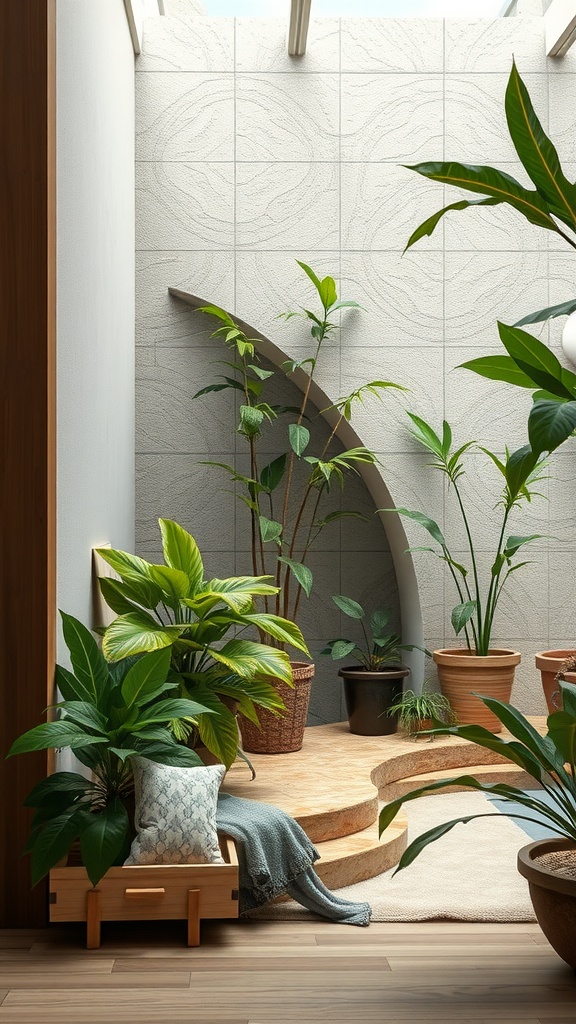 11 Transitional Interior Design Style Ideas For A Balanced Look 13 A serene indoor space filled with various potted plants, showcasing natural elements.