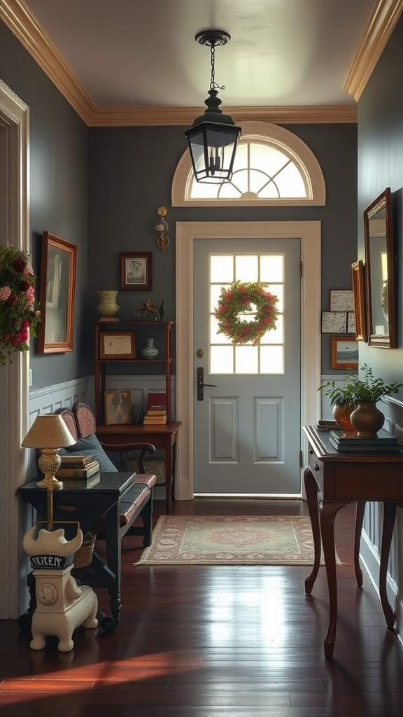 21 Craftsman Interior Design Ideas For A Cozy & Timeless Home 13 A cozy entryway with vintage design elements, featuring a lamp, bookshelf, and a charming wreath on the door.