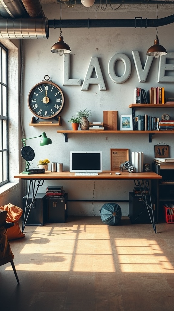19 Stunning Ikea Desk Ideas You Need To Copy 5 An industrial-style workspace with a wooden desk, metal shelves, a wall clock, and decorative items.