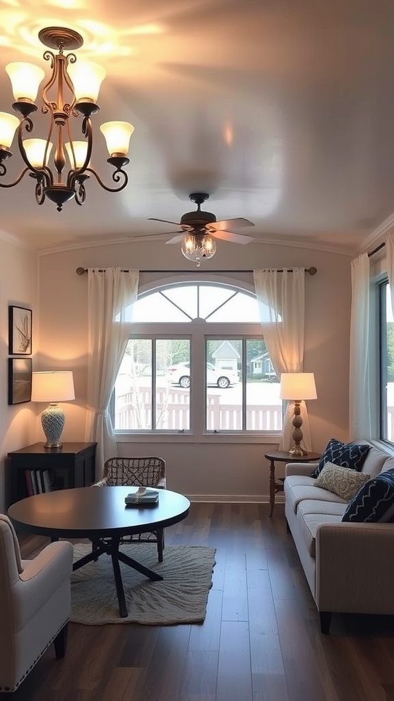 19 Singlewide Mobile Home Ideas For A Cozy & Chic Upgrade 13 Cozy living room in a singlewide mobile home featuring innovative lighting designs.