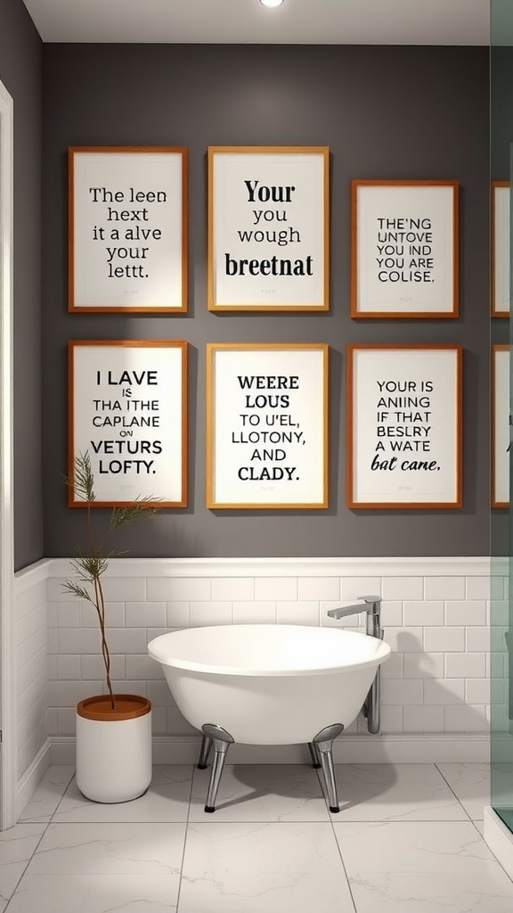 15 Bathroom Pictures Wall Art Ideas To Enhance Your Space 12 A modern bathroom with framed inspirational quotes on the wall.