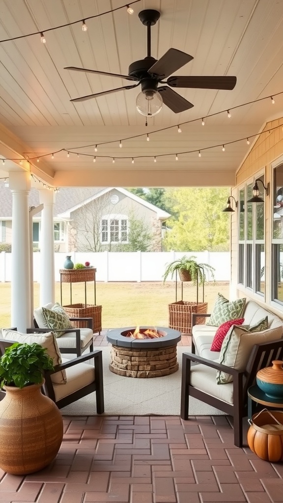 19 Low Country Homes With Southern Charm & Elegance 4 A cozy outdoor living area with a fire pit, comfortable seating, and string lights.