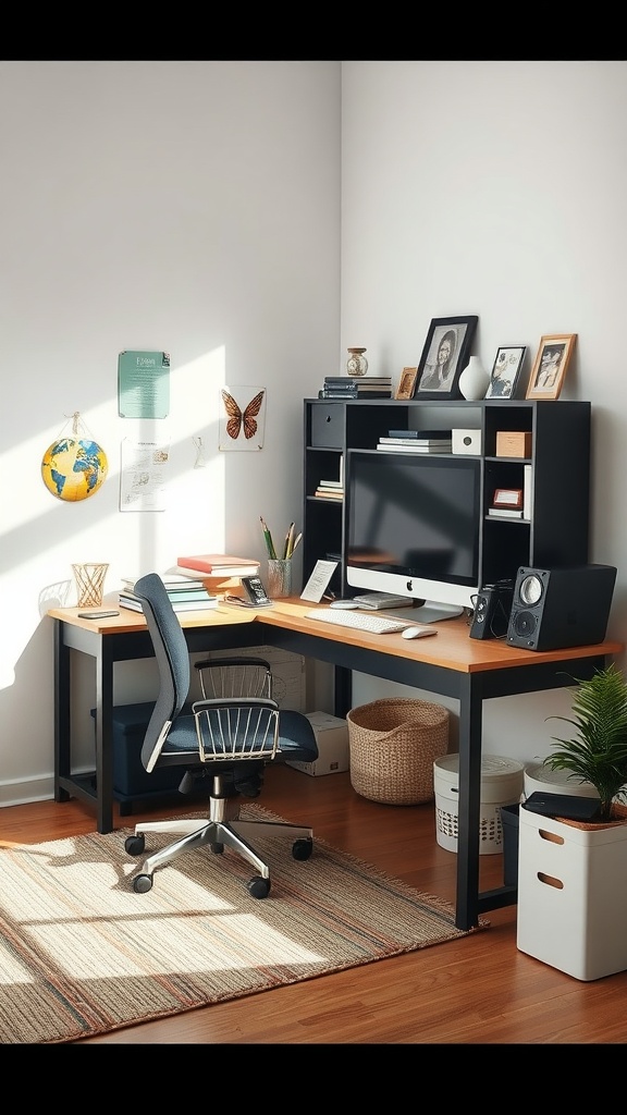 17 Creative Computer Desk Ideas to Transform Your Home Office 3 A stylish L-shaped corner desk setup with a computer, plants, and decor in a bright room.