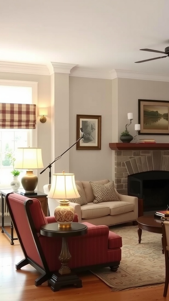 21 Craftsman Interior Design Ideas For A Cozy & Timeless Home 9 Cozy living room with layered lighting featuring lamps and a warm color palette.