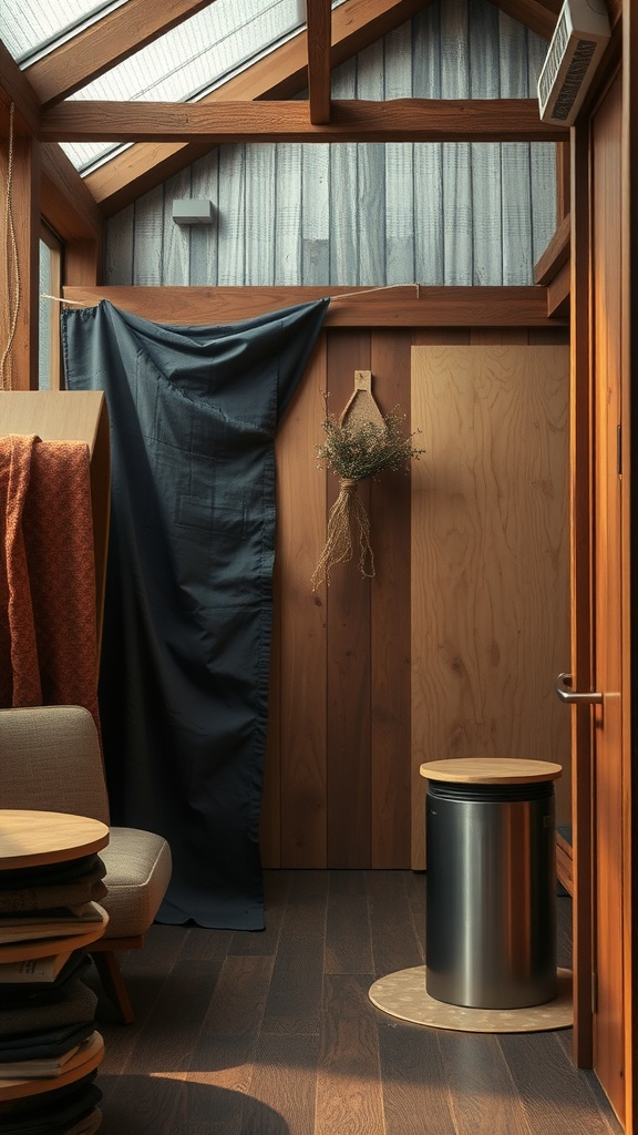 11 Transitional Interior Design Style Ideas For A Balanced Look 8 A cozy interior showcasing layered textures with wooden walls, soft fabrics, and modern furniture.