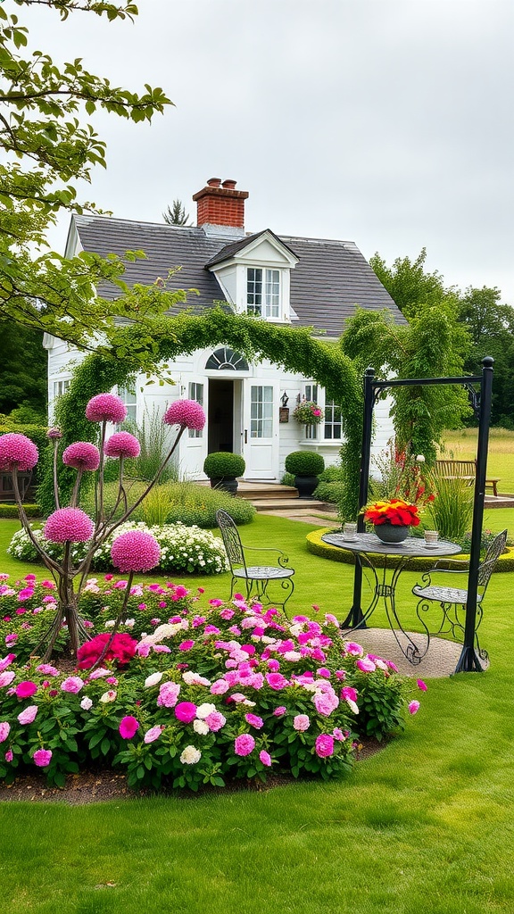 19 Low Country Homes With Southern Charm & Elegance 5 A charming home with a beautiful garden featuring colorful flowers and seating area.