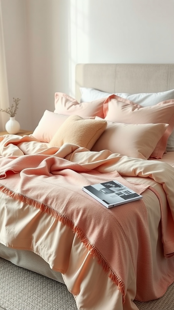 15 Dusty Pink Bedroom Ideas For A Soft & Elegant Vibe 6 Cozy bed with dusty pink bedding and a soft throw blanket, featuring a book on top.
