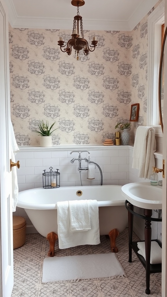 15 Timeless Bathroom Design Ideas For A Classic Look 12 A stylish bathroom featuring a vintage bathtub, soft towels, and decorative accessories.