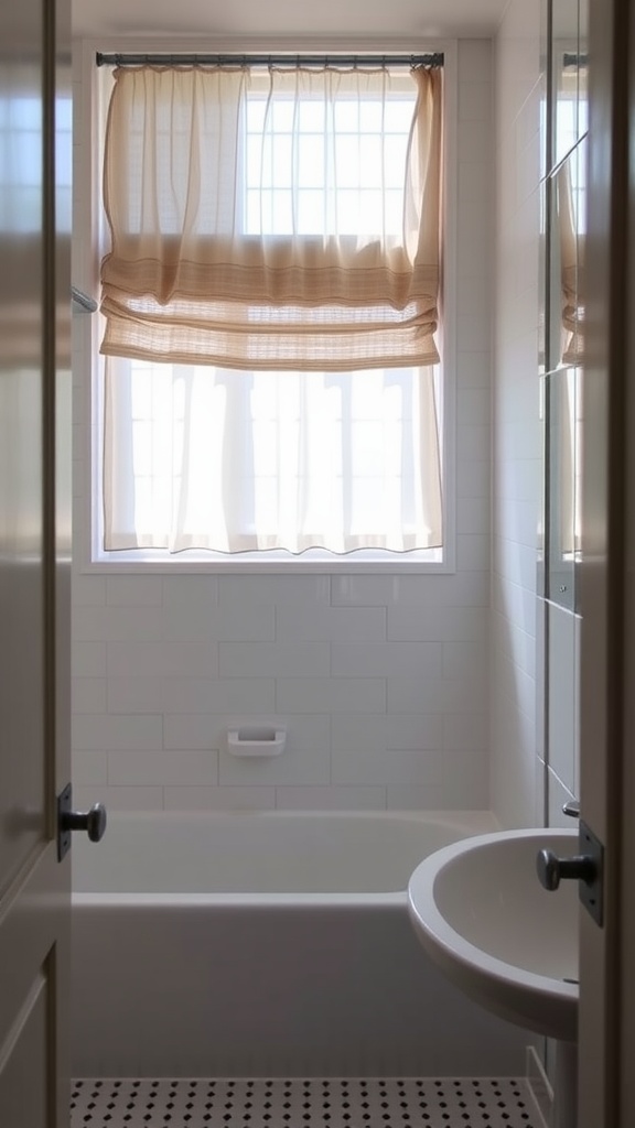 21 Small Space Bathroom Design Ideas 10 A bright small bathroom featuring sheer window treatments allowing natural light.