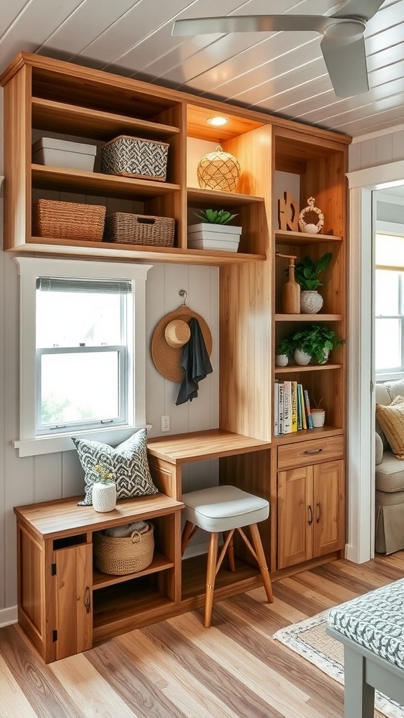 19 Singlewide Mobile Home Ideas For A Cozy & Chic Upgrade 8 Stylish wooden storage unit with shelves and desk in a cozy interior.