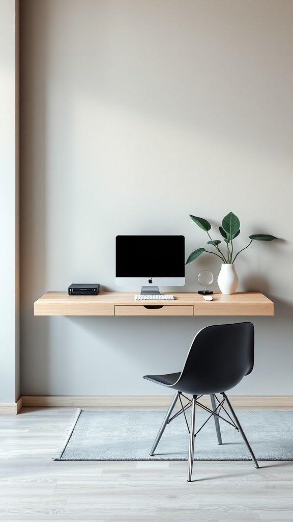17 Creative Computer Desk Ideas to Transform Your Home Office 10 A minimalist floating desk with a computer and a plant, featuring a sleek design.