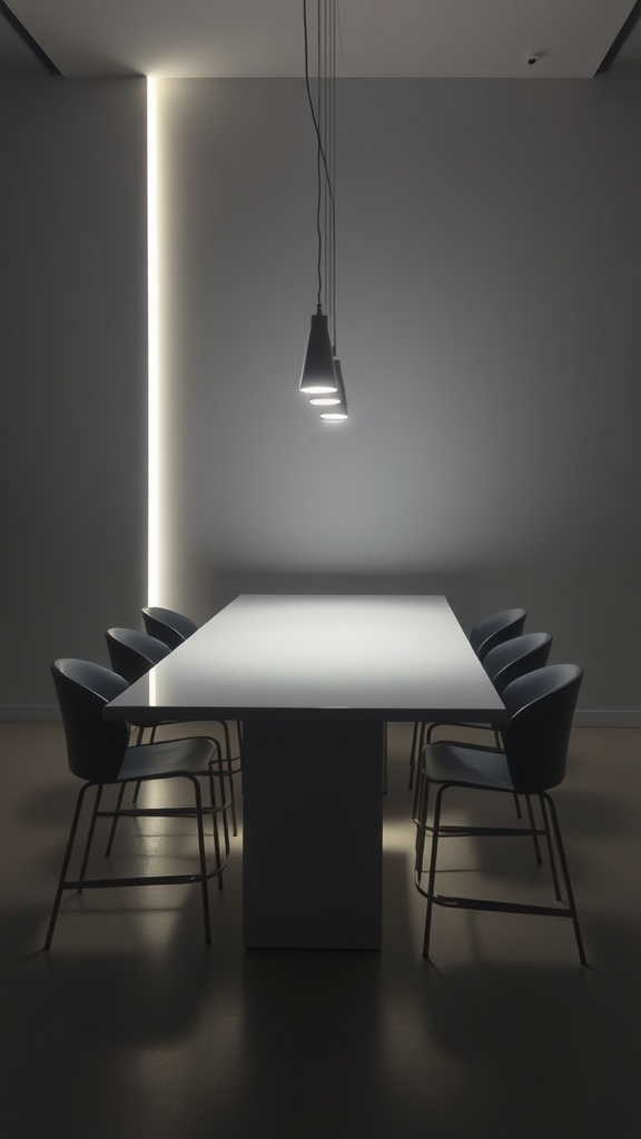 19 Gorgeous Dining Room Lighting Over Table Ideas 12 A minimalist dining room with LED strips and pendant lights over a table.