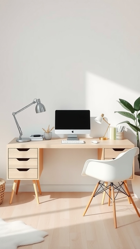 9 Stunning Desk Inspo Ideas For Your Home Office 7 A minimalist Scandinavian style home office featuring a simple wooden desk, a computer, and a stylish chair, surrounded by plants.