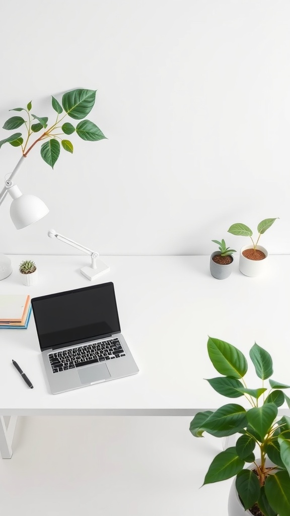 19 Stunning Ikea Desk Ideas You Need To Copy 3 A minimalist white desk with a laptop, lamp, and plants.