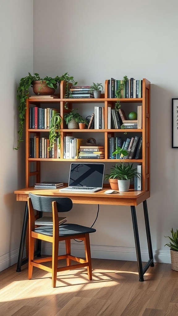 17 Creative Computer Desk Ideas to Transform Your Home Office 5 A stylish multi-functional loft desk with plants and books, ideal for a home office.