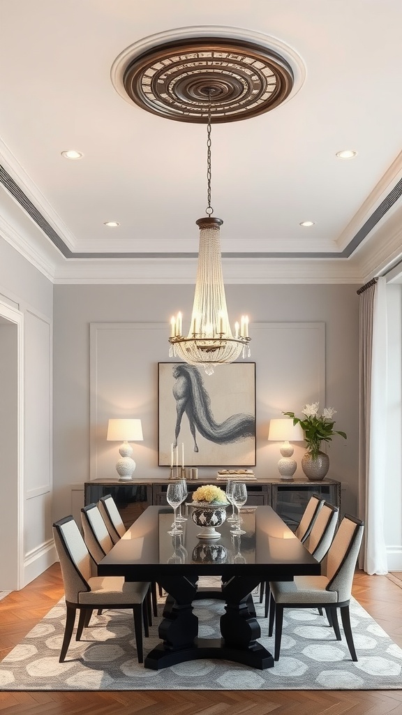 19 Gorgeous Dining Room Lighting Over Table Ideas 3 A beautifully lit dining room featuring a chandelier and table lamps.
