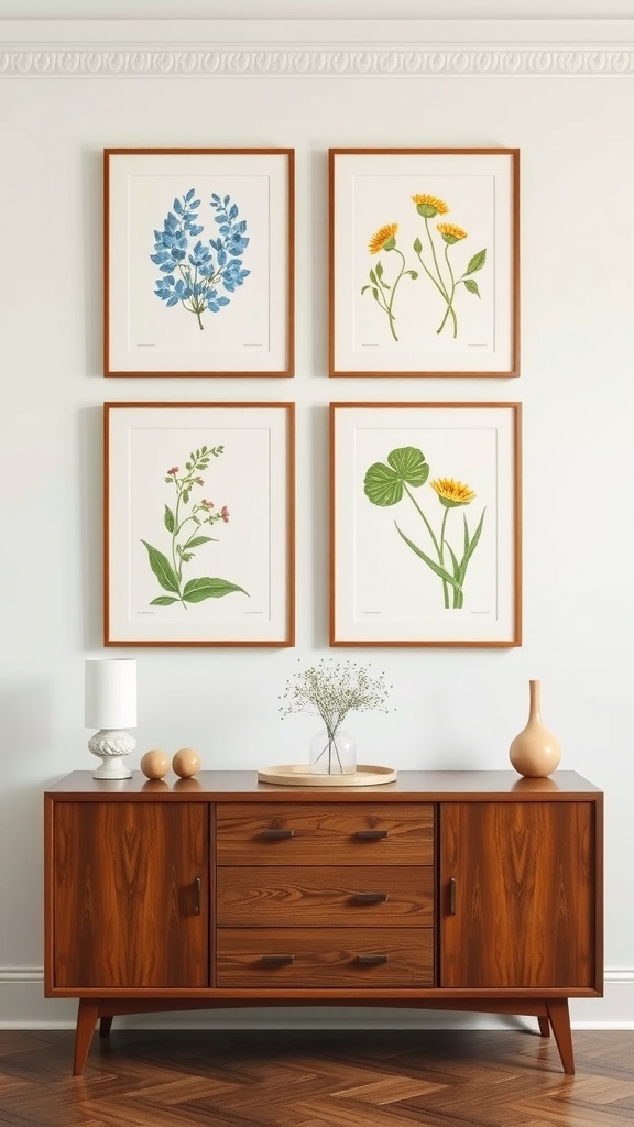 19 Beautiful Dining Room Art Ideas To Decorate Your Space 5 A stylish dining room featuring framed botanical prints on the wall above a wooden sideboard.
