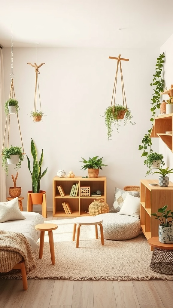 13 Kids Room Inspiration Ideas For A Stylish & Fun Space 10 A cozy kids room with nature-inspired decor, featuring hanging plants and light wood furniture.