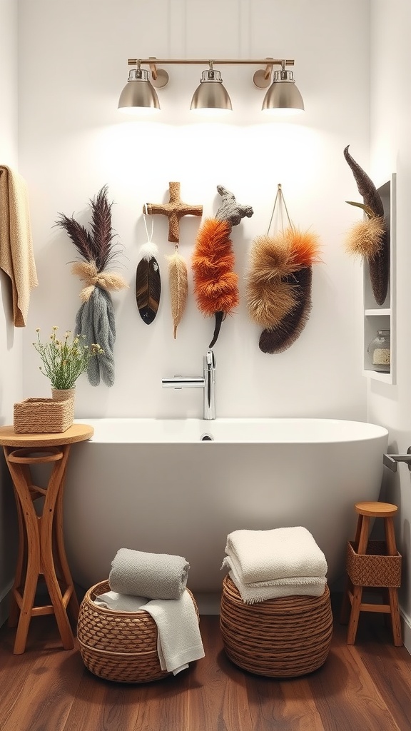 15 Bathroom Pictures Wall Art Ideas To Enhance Your Space 8 A bathroom featuring nature-inspired wall art, including feathers and wooden decorations.
