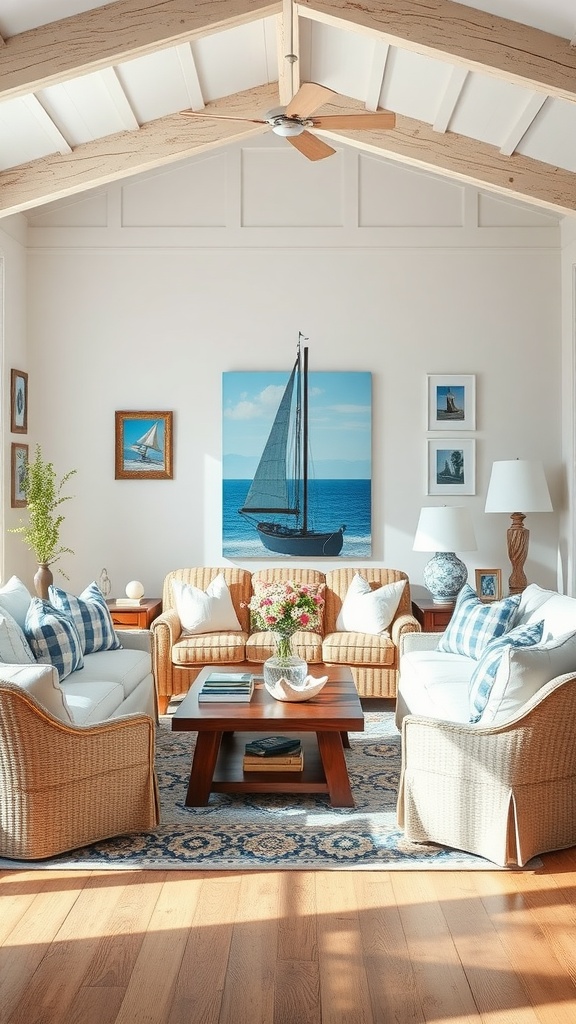 A cozy coastal living room with nautical decorations, featuring sailboat artwork and a light color scheme.