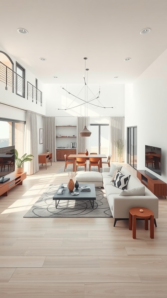 11 Transitional Interior Design Style Ideas For A Balanced Look 6 A bright and spacious open concept living area with modern furniture and decor.