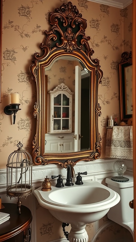 15 Timeless Bathroom Design Ideas For A Classic Look 7 A vintage framed mirror above a sink in a classic bathroom setting.