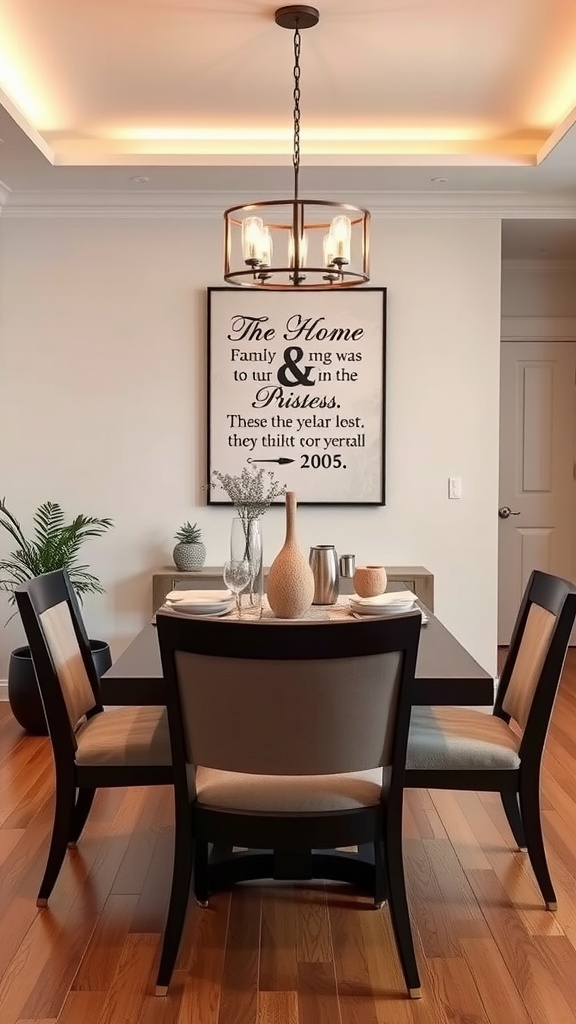 19 Beautiful Dining Room Art Ideas To Decorate Your Space 12 A dining room featuring a custom artwork piece that reflects family values, enhancing the decor.