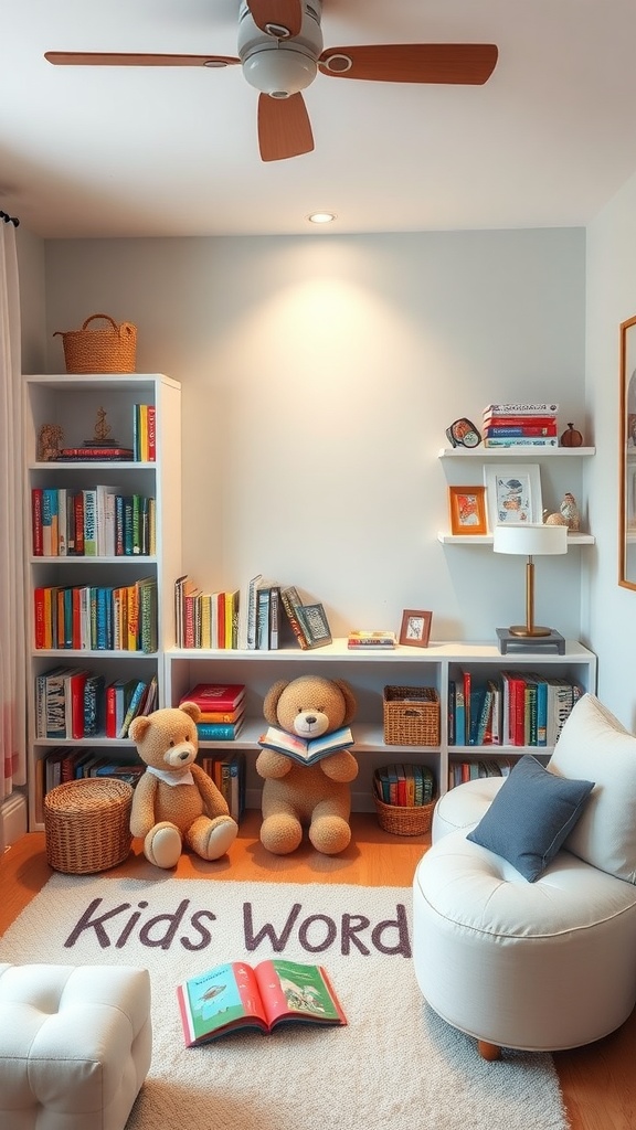 13 Kids Room Inspiration Ideas For A Stylish & Fun Space 12 A cozy reading nook for kids with plush toys, colorful bookshelves, and a rug that says 'Kids Word'.