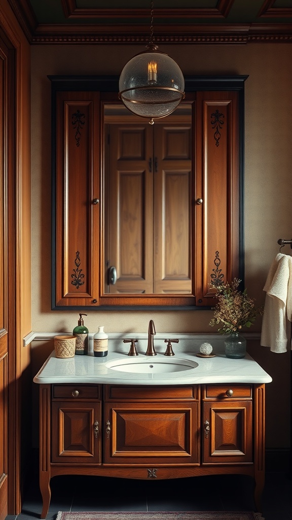 15 Timeless Bathroom Design Ideas For A Classic Look 5 A bathroom featuring a rich wood vanity cabinet with a marble countertop and decorative elements.
