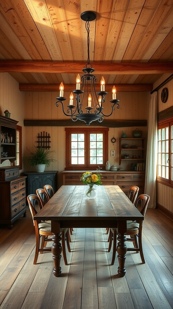 19 Gorgeous Dining Room Lighting Over Table Ideas 7 A rustic chandelier hangs above a wooden dining table in a cozy room.