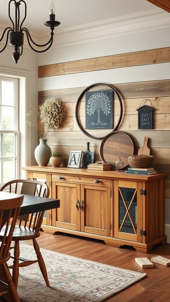 17 Built In Sideboard Dining Room Ideas 3 Rustic farmhouse sideboard in a dining room with wooden accents and decor.