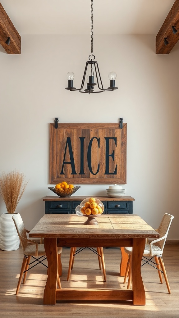 19 Beautiful Dining Room Art Ideas To Decorate Your Space 4 A rustic dining room featuring wood and metal wall art with a warm table setting.
