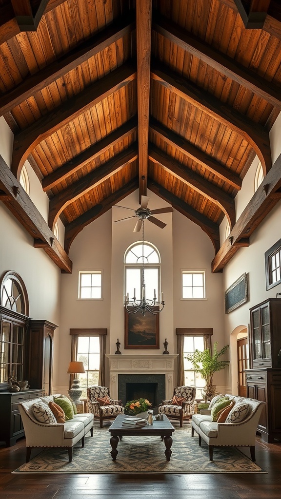 19 Low Country Homes With Southern Charm & Elegance 7 Interior of a living room featuring rustic wooden beams on the ceiling.