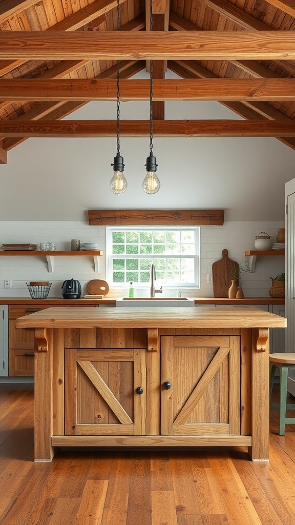 15 Pendant Lighting Over Kitchen Island Ideas For A Stylish Glow 3 Kitchen with rustic wooden beams and vintage pendant lighting over the island.