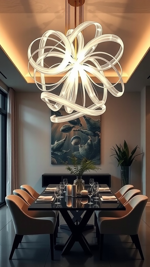 19 Gorgeous Dining Room Lighting Over Table Ideas 5 A modern dining room featuring a sculptural pendant light above a sleek table with elegant table settings.