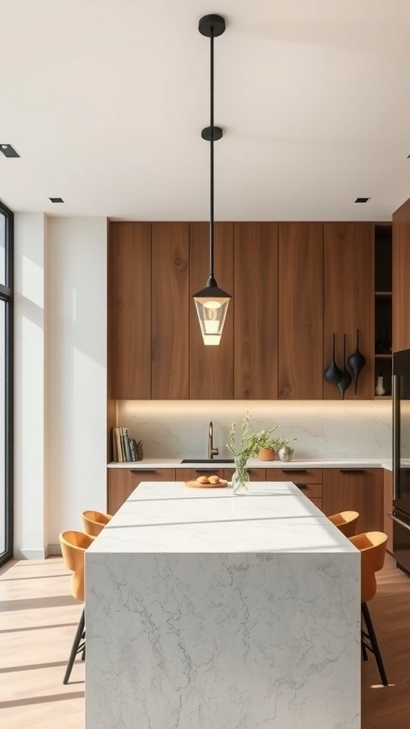 15 Pendant Lighting Over Kitchen Island Ideas For A Stylish Glow 7 A modern kitchen island with a sleek linear pendant light hanging above.