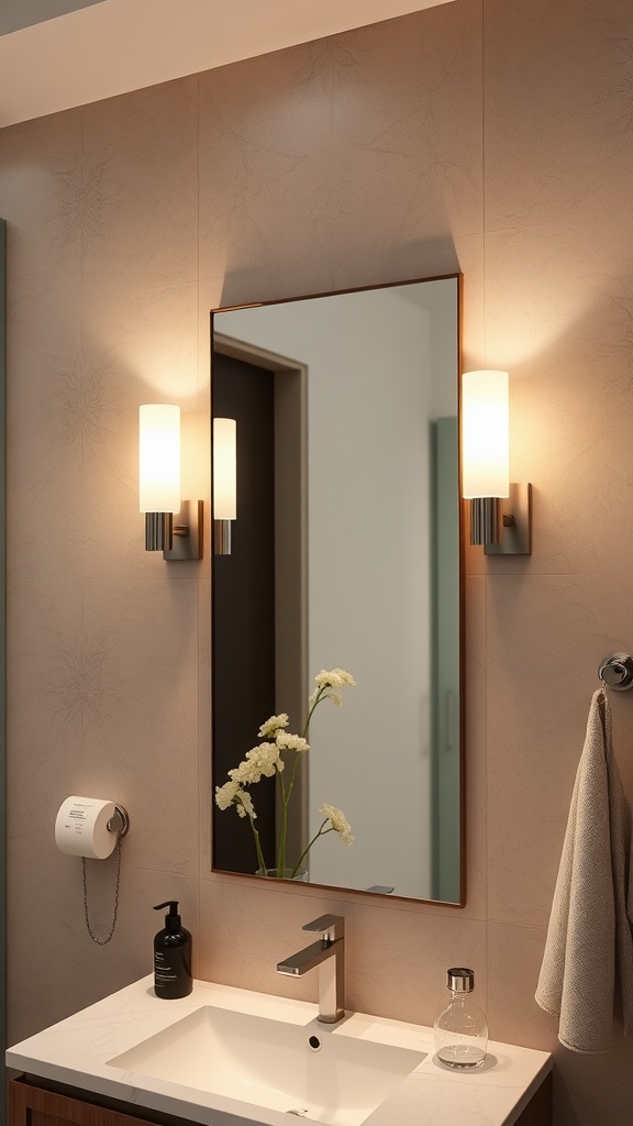 15 Bathroom Vanity Lighting Over Mirror Ideas For A Perfect Setup 6 Stylish bathroom with sleek wall-mounted sconces and modern fixtures.