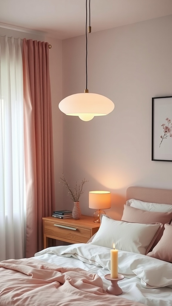 15 Dusty Pink Bedroom Ideas For A Soft & Elegant Vibe 5 A soft pink bedroom featuring warm lighting and elegant decor.