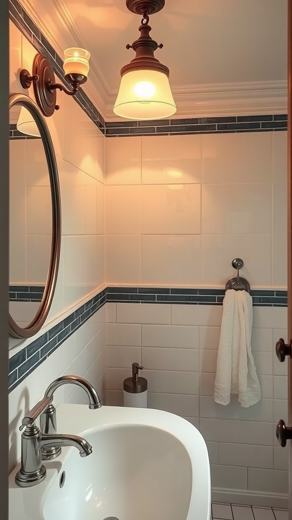 15 Timeless Bathroom Design Ideas For A Classic Look 10 A bathroom with soft lighting and antique fixtures, featuring a round mirror and elegant sink.