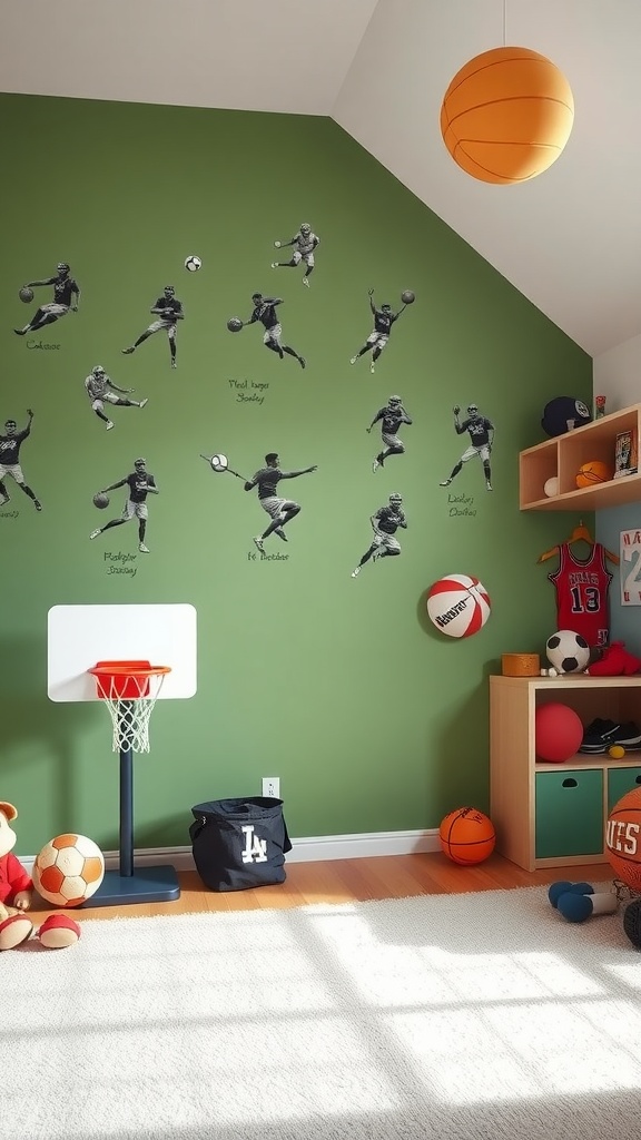 13 Kids Room Inspiration Ideas For A Stylish & Fun Space 11 A vibrant sports-themed children's room with green walls, sports decals, and playful decor.
