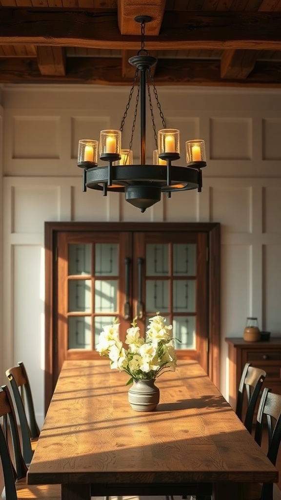 21 Craftsman Interior Design Ideas For A Cozy & Timeless Home 8 A beautiful chandelier with candle-like lights hanging above a wooden dining table with a vase of flowers.
