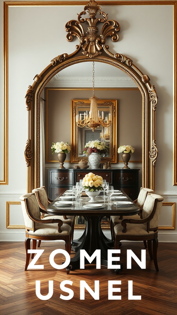 19 Beautiful Dining Room Art Ideas To Decorate Your Space 8 Elegant dining room featuring a large, ornate mirror with an artistic frame