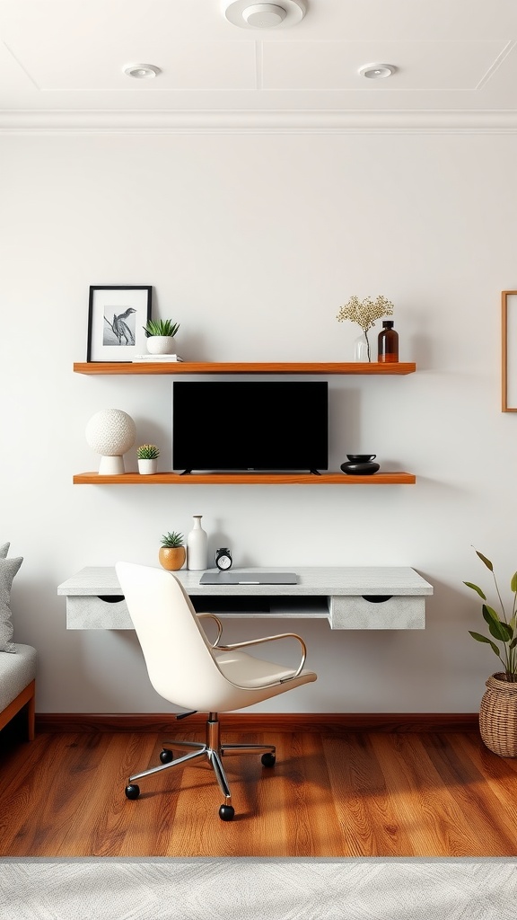 19 Stylish Desk Ideas to Transform Your Living Room into a Multi-Use Space 4 A stylish floating desk setup in a living room with modern decor.