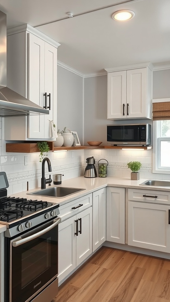 19 Singlewide Mobile Home Ideas For A Cozy & Chic Upgrade 4 Stylish kitchen with white cabinets, modern appliances, and warm wood accents.
