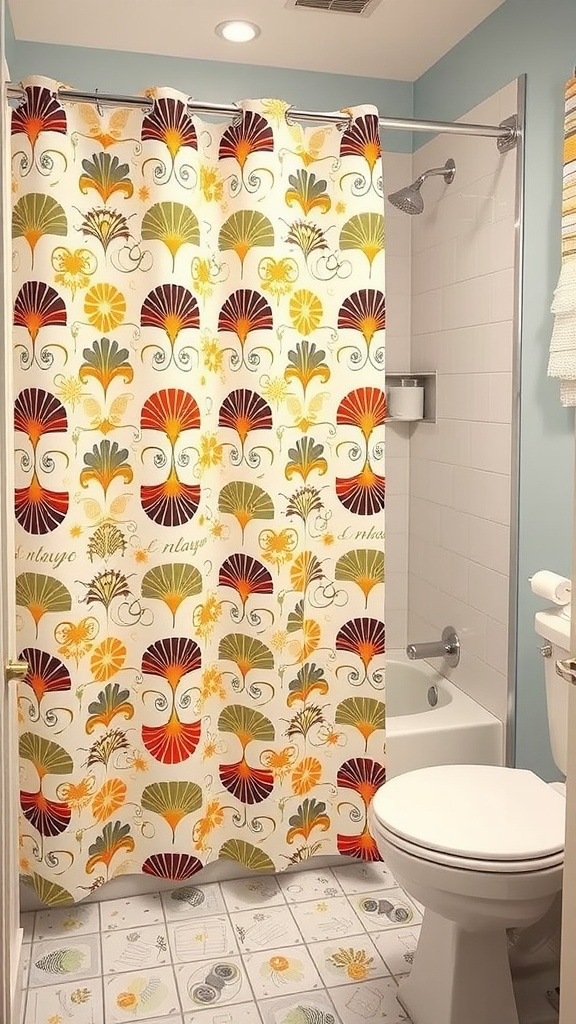 15 Timeless Bathroom Design Ideas For A Classic Look 9 A bathroom featuring a shower curtain with a retro design in bright colors, complementing a classic bathroom style.
