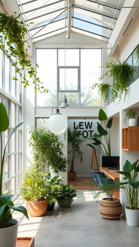 11 Transitional Interior Design Style Ideas For A Balanced Look 11 Brightly lit interior with large windows and various indoor plants.