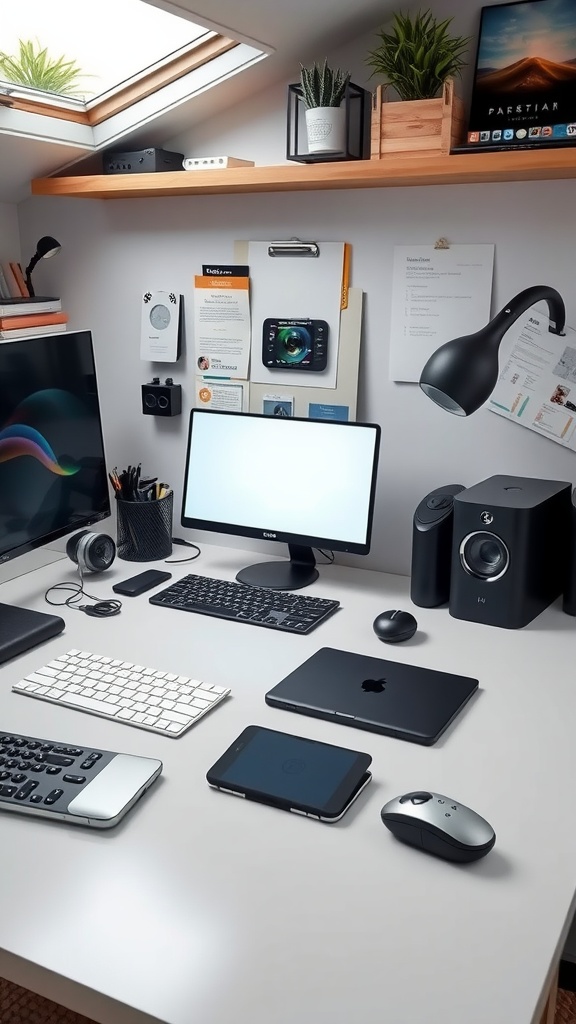17 Creative Desk Inspiration Ideas For A Fresh Look 10 A modern desk setup featuring a computer, wireless devices, and plants.