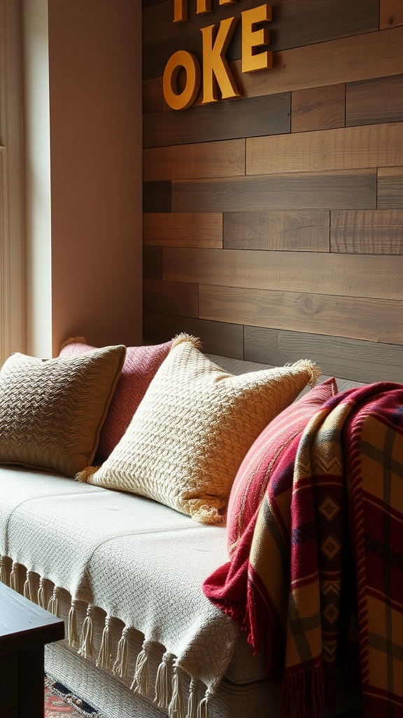 21 Craftsman Interior Design Ideas For A Cozy & Timeless Home 5 Cozy sofa with textured pillows and a warm throw blanket against a wooden wall.